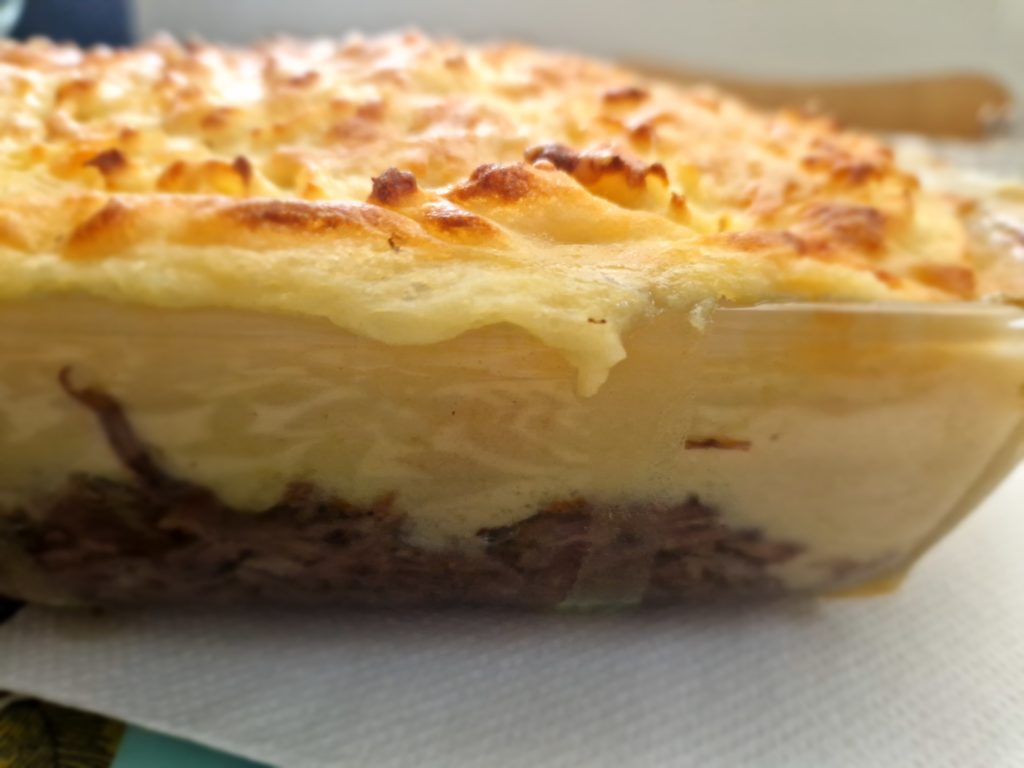 Hachis parmentier : mashed potatoes with beef sliced meat.